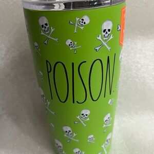 Rae Dunn Rare Poison Skull & Crossbones Skeletons Print Halloween Travel Mug New